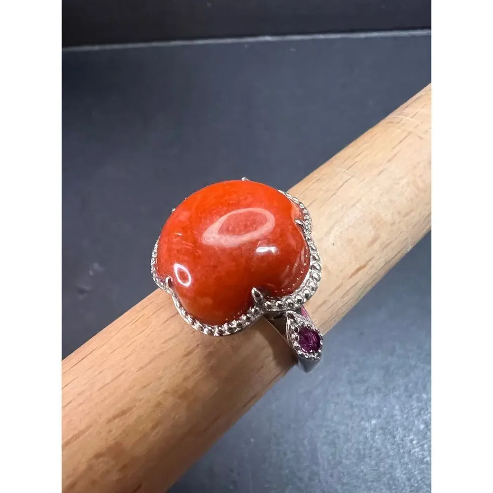 NEW cherry red jade and ruby blossom ring in rhodium over sterling silver size 6